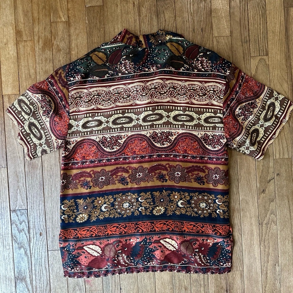 Vtg Compagnie Internationale Express Silk Autumn Boho Print Blouse Small‎ Brown - Picture 9 of 9